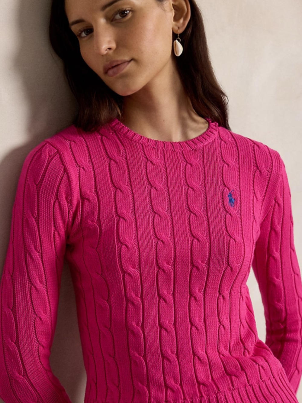 Polo by Ralph Lauren Raspberry Cable-Knit Cotton Crewneck Sweater - small